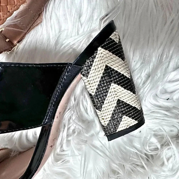 TABITA | Patent Leather Combo Block Heels Chevron Sandals Tan Black | Size 7 - Picture 4 of 8